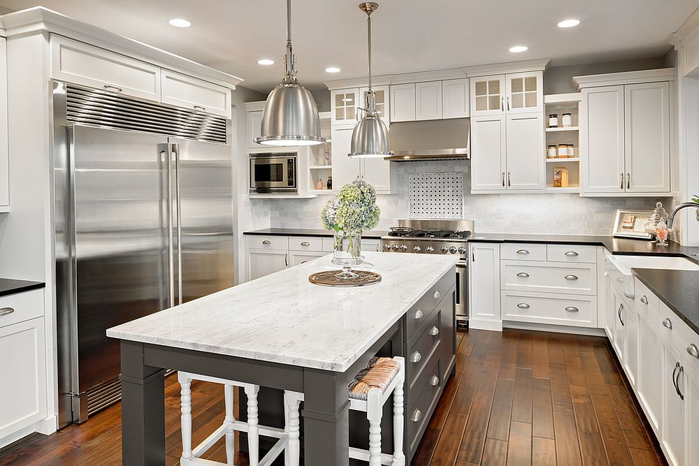 Dashing kitchen island with drawers gives the kitchen a gray makeover