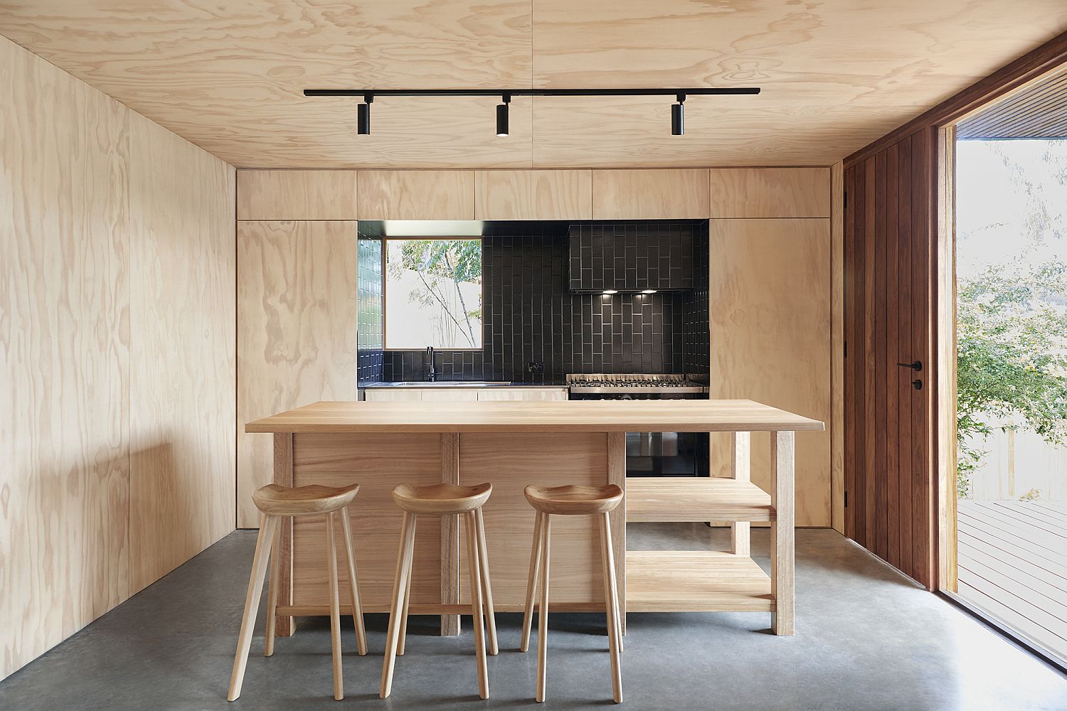 Fabulous little kitchen with polished concrete floor and plywood cabinets and walls