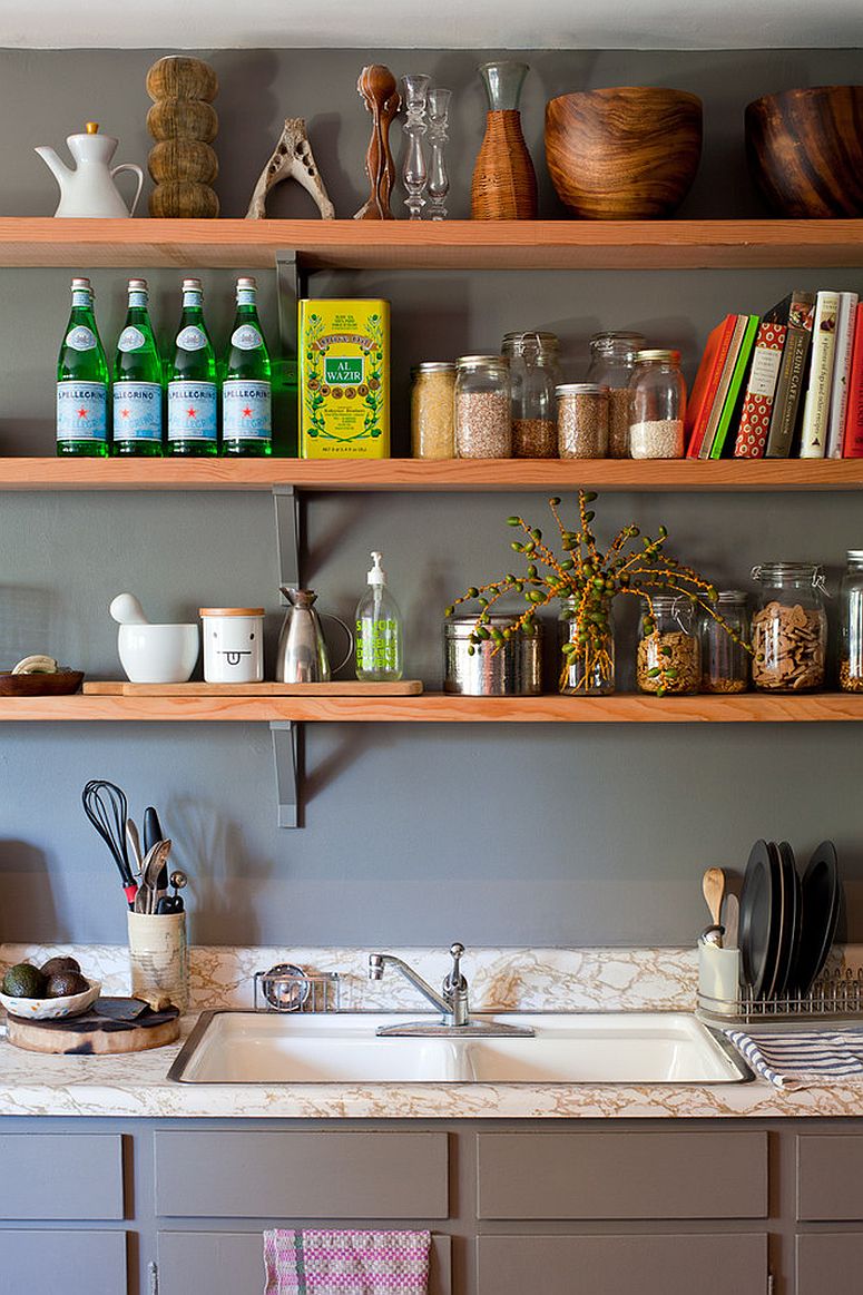 Fabulous use of sleek wooden floating shelves to maximize space