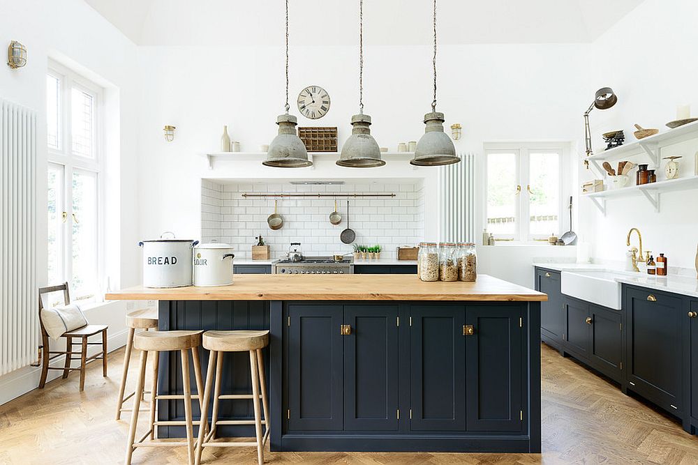 Fabulous white and blue transitional kitchen is influenced by several different styles!