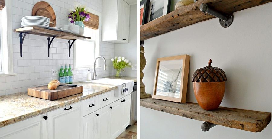 Industrial-style shelves made from reclaimed barn wood