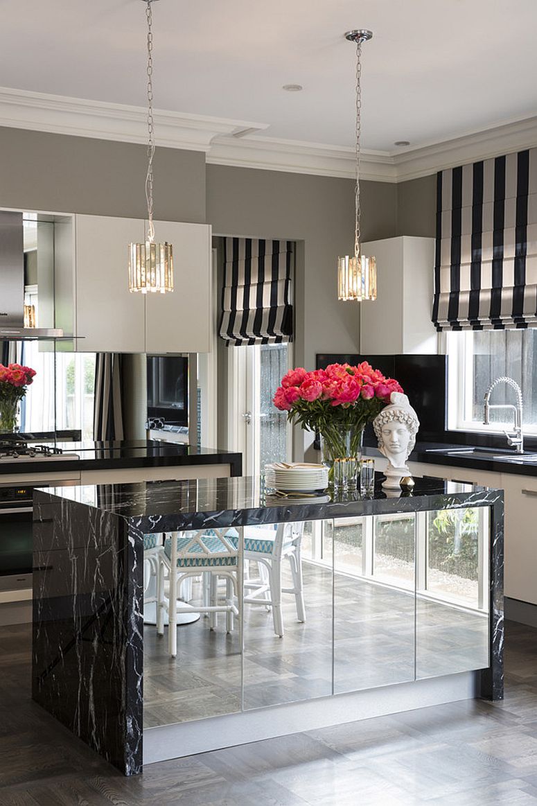 Kitchen island with a mirrored finish is a showstopper indeed