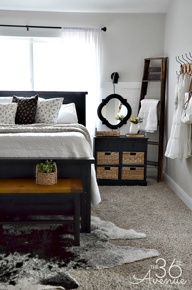 Ladder shelf and vintage DIY nightstand for the farmhouse style bedroom