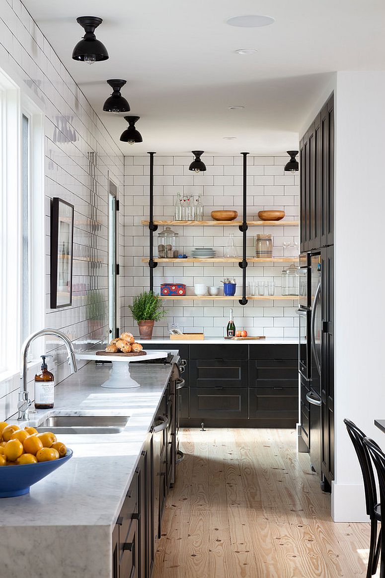 Metal pipe and wood floating shelves for the tiny kitchen