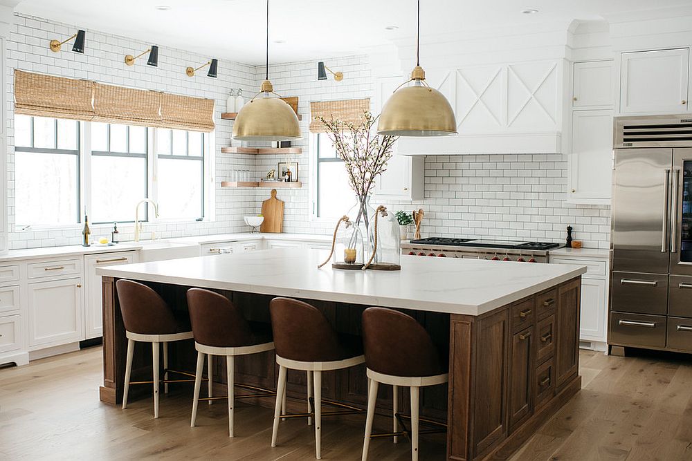 Metallics and bar stools alter the appeal of the wood and white kitchen