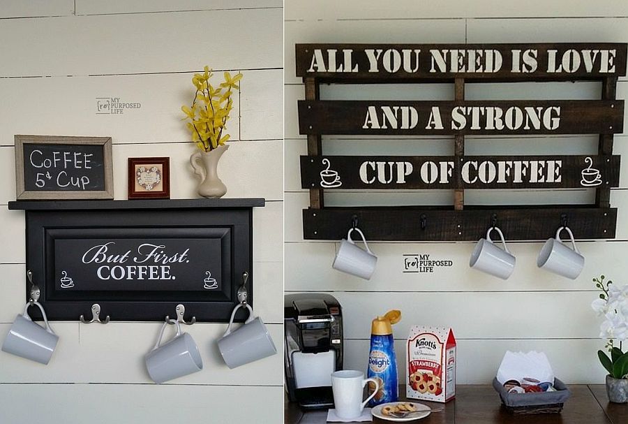 Repurposed coffee cup rack crafted from wooden pallets