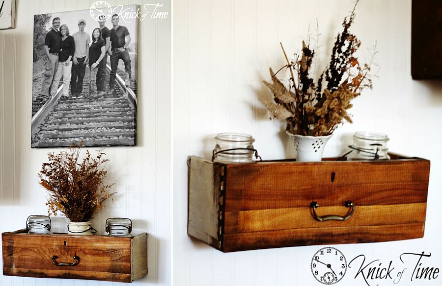 Repurposed wooden drawers turned into cool wall-mounted shelves