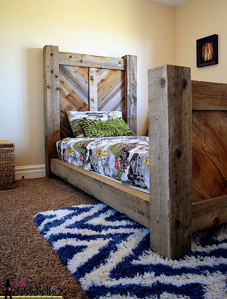 Rustic-barnwood-twin-bed-with-chevron-pattern-headboard