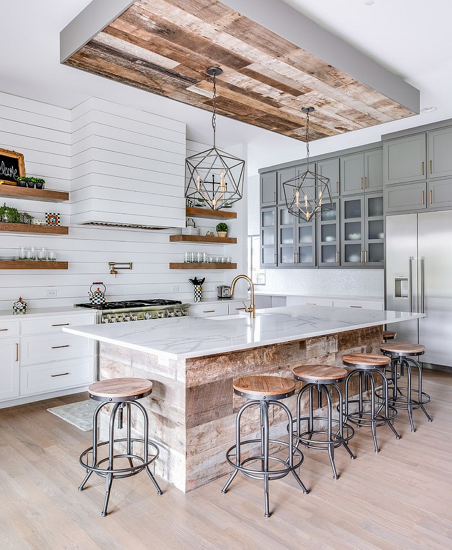 Series of floating shelves, closed cabinets and more make most of the wall space in this kitchen