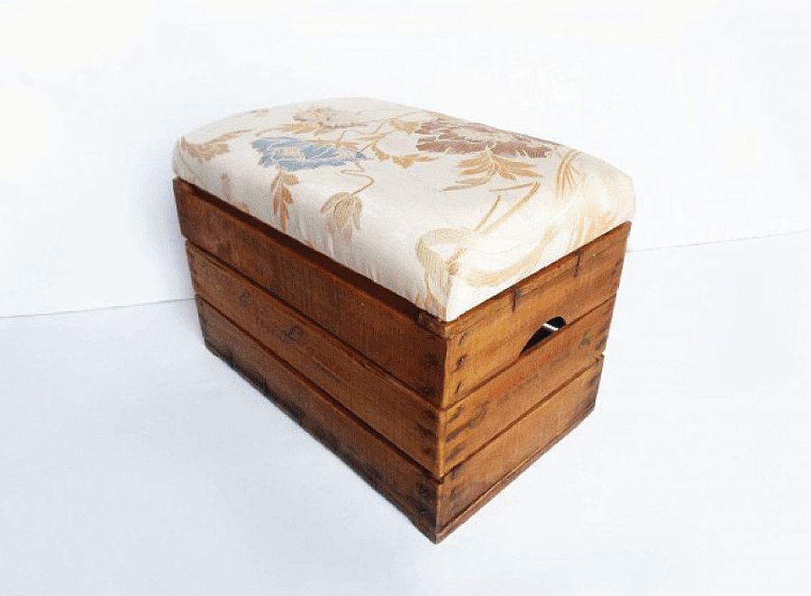 Simple wooden crate upcycled vintage ottoman with storage option