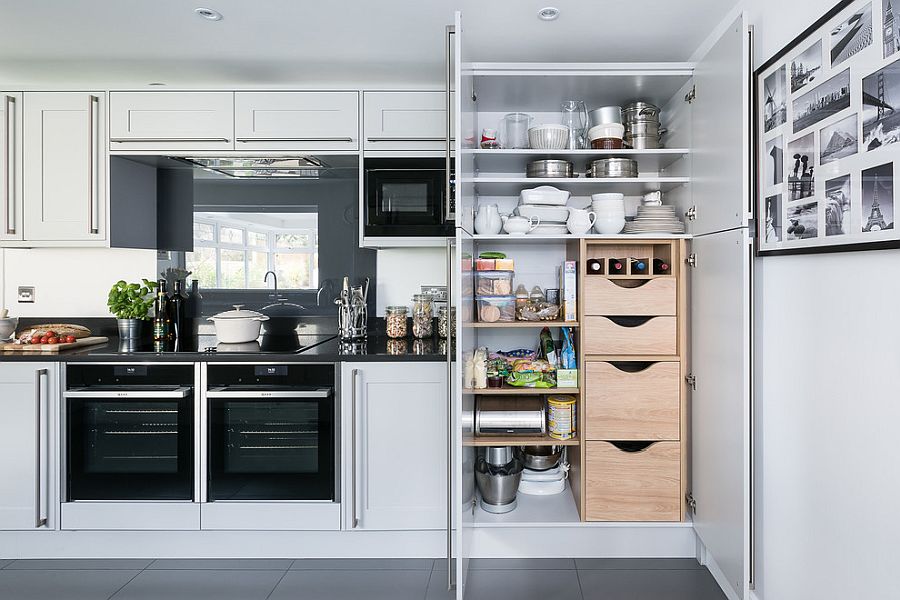 Single-wall kitchen with multiple storage and shelf options