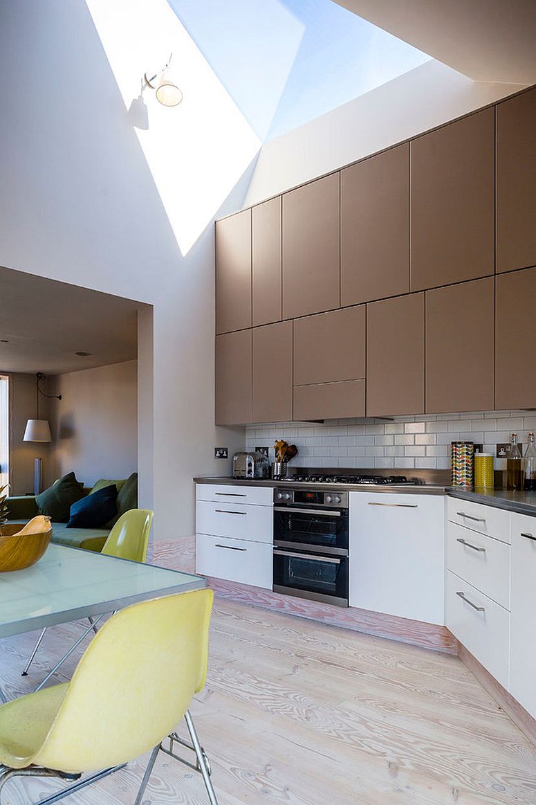 Skylight and double-height kitchen give this interior a spacious vibe