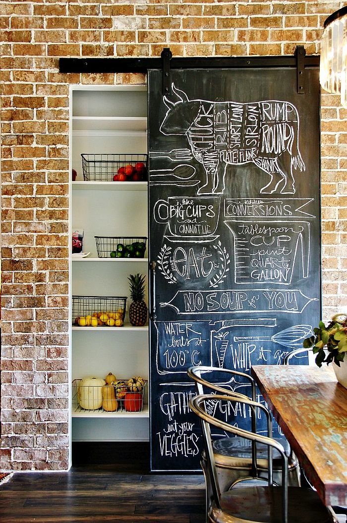 Sliding chalkboard wall for the kitchen pantry surely adds a great farmhouse chic touch