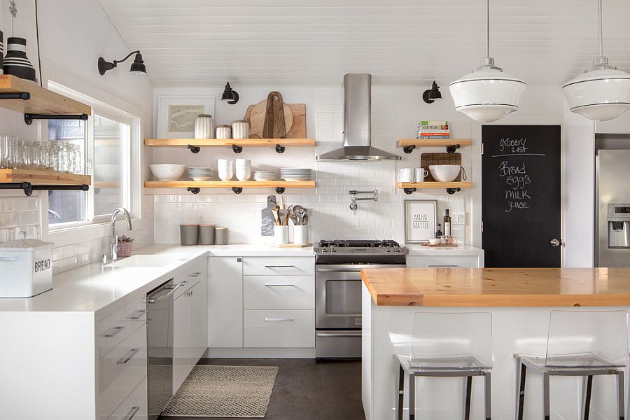 Slim-wooden-shelves-make-most-of-the-limited-space-in-the-modest-white-kitchen