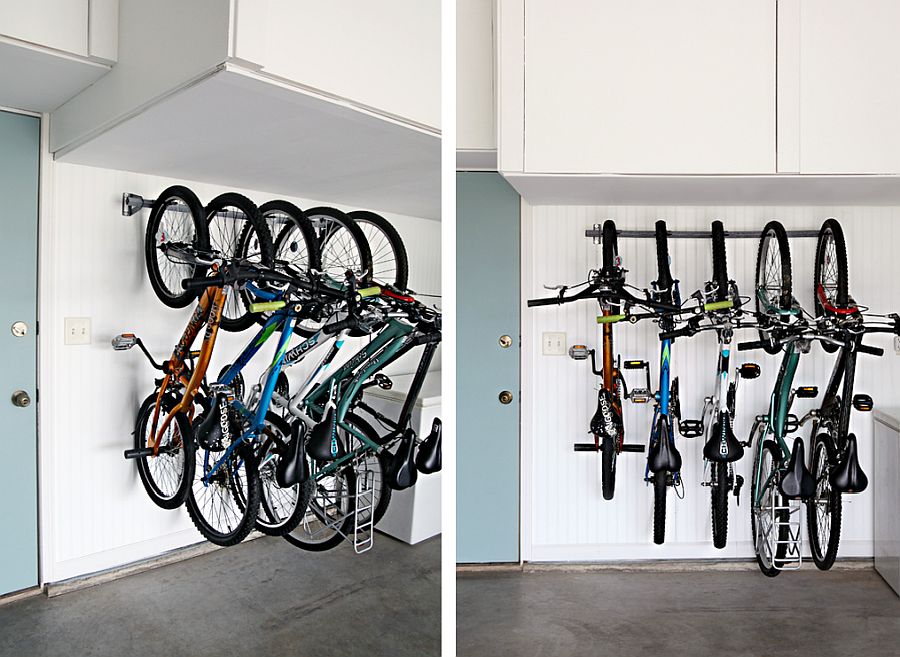 Space-savvy bike rack in the garage with a monkey bar and some cool labels!