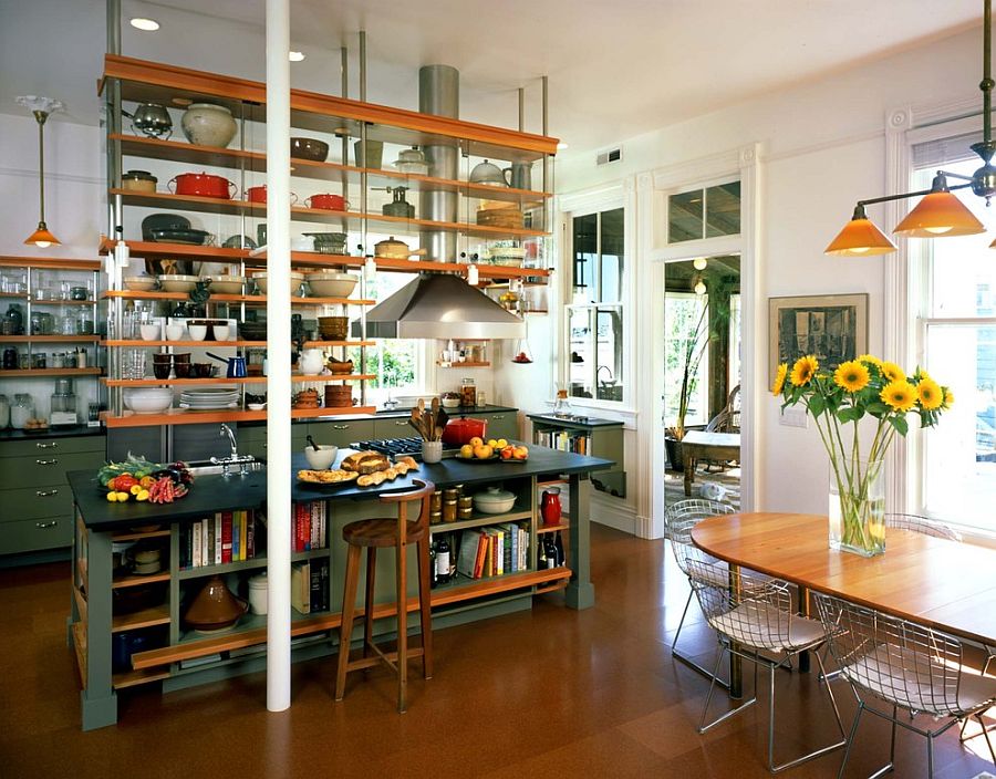 Stunning Kitchen island with suspended shelves above