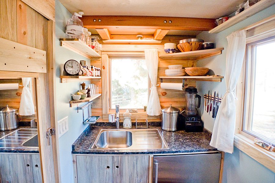 Ultra-tiny kitchen with corner shelving that adds plenty of space