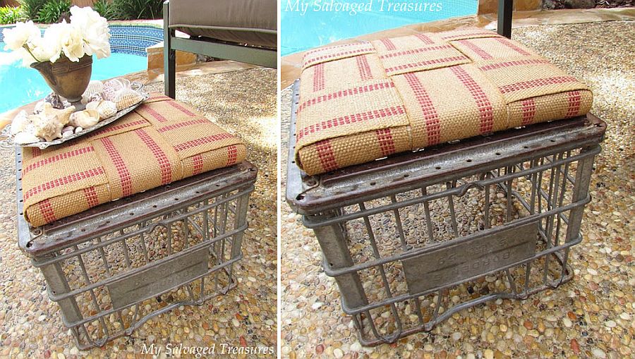 Upcycled old milk crate ottoman is super-easy to create