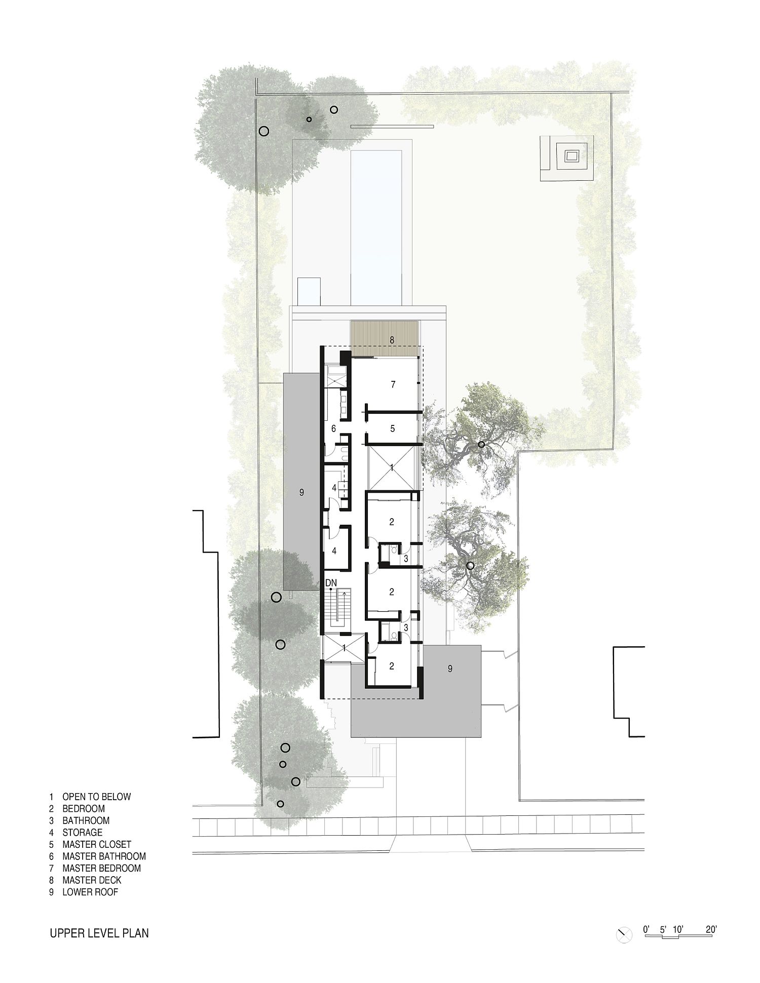 Upper level floor plan of Tree House in California