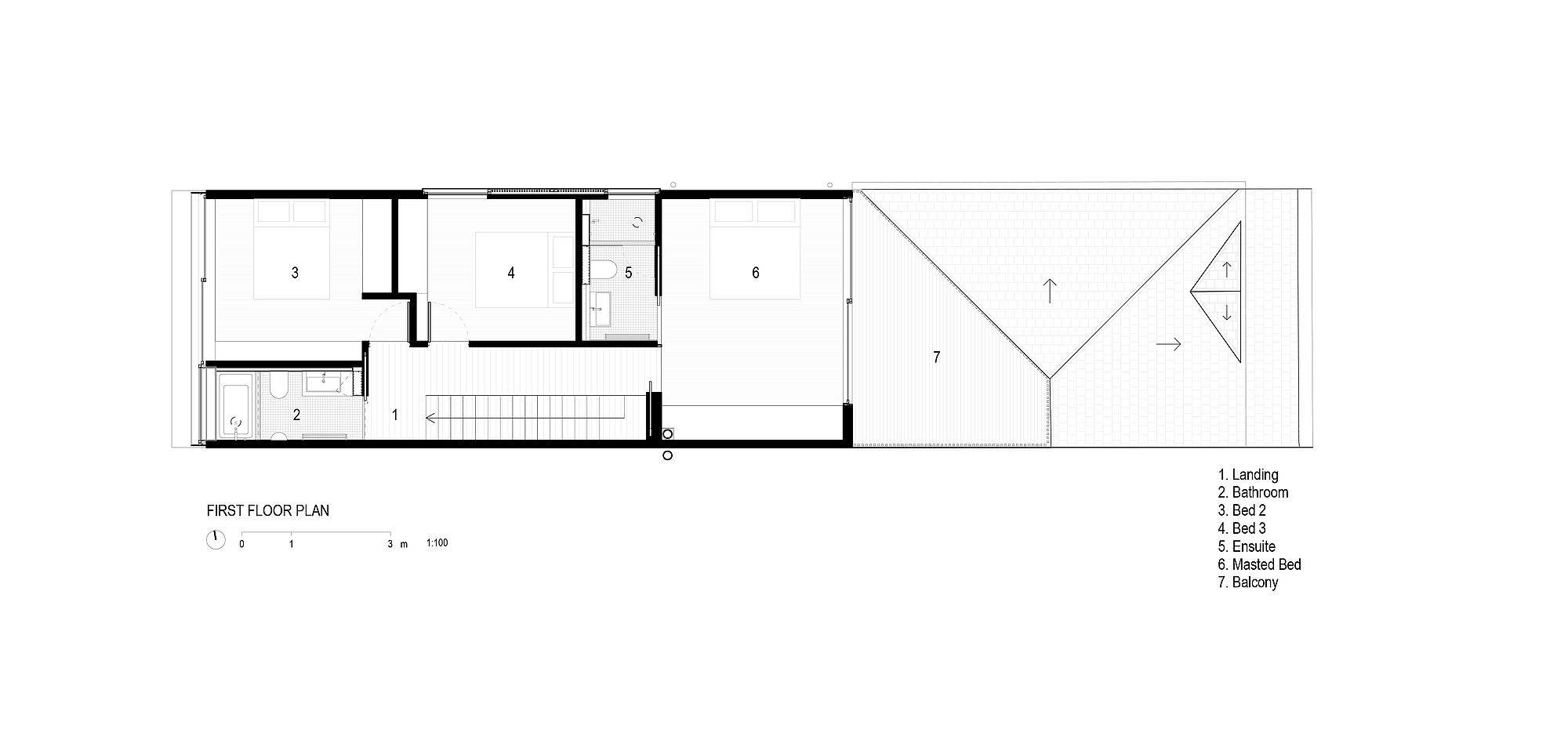 Upper level floor plan with rear extension holding the bedrooms