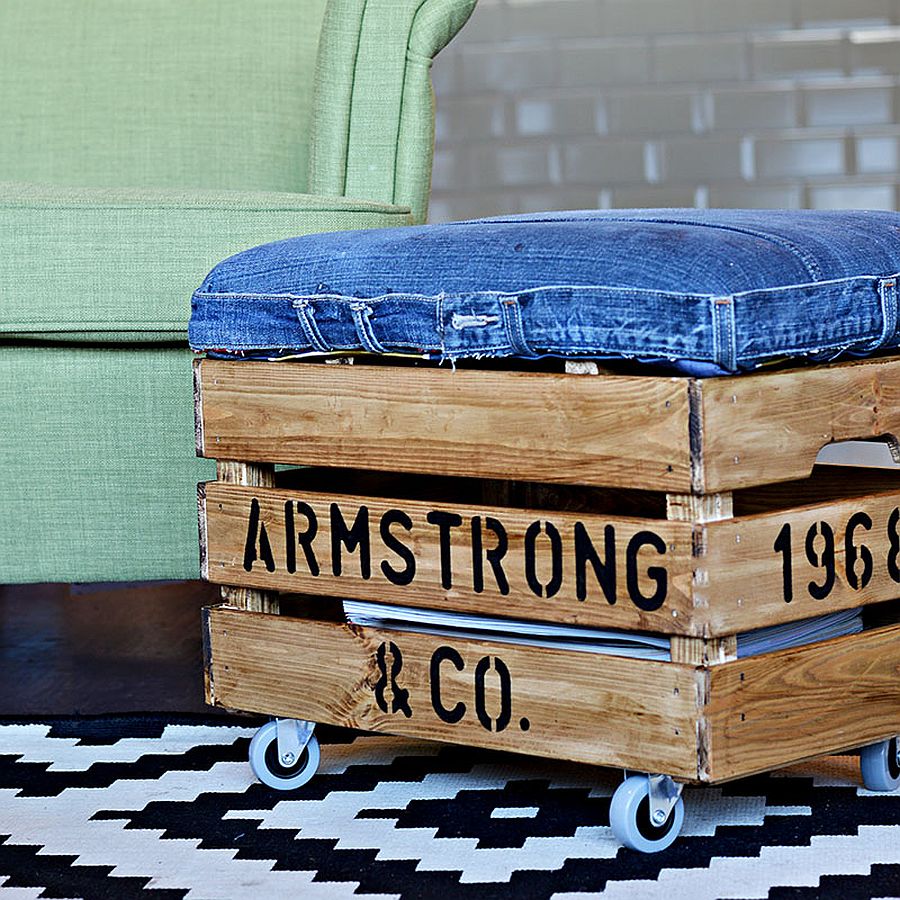 Upycyled DIY Ottoman with denim cover adds style while cutting down costs!