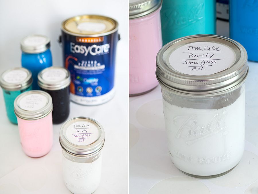 Using mason jars to store extra paint in the garage