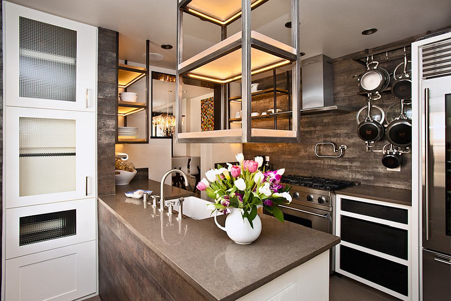 Wood and metal shelves hanging from the ceiling make a big impression