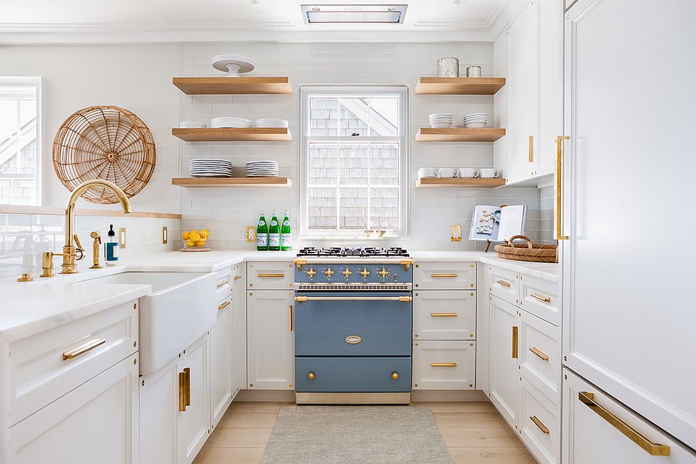 Wood and white with a striking addition of blue in the space-savvy kitchen!