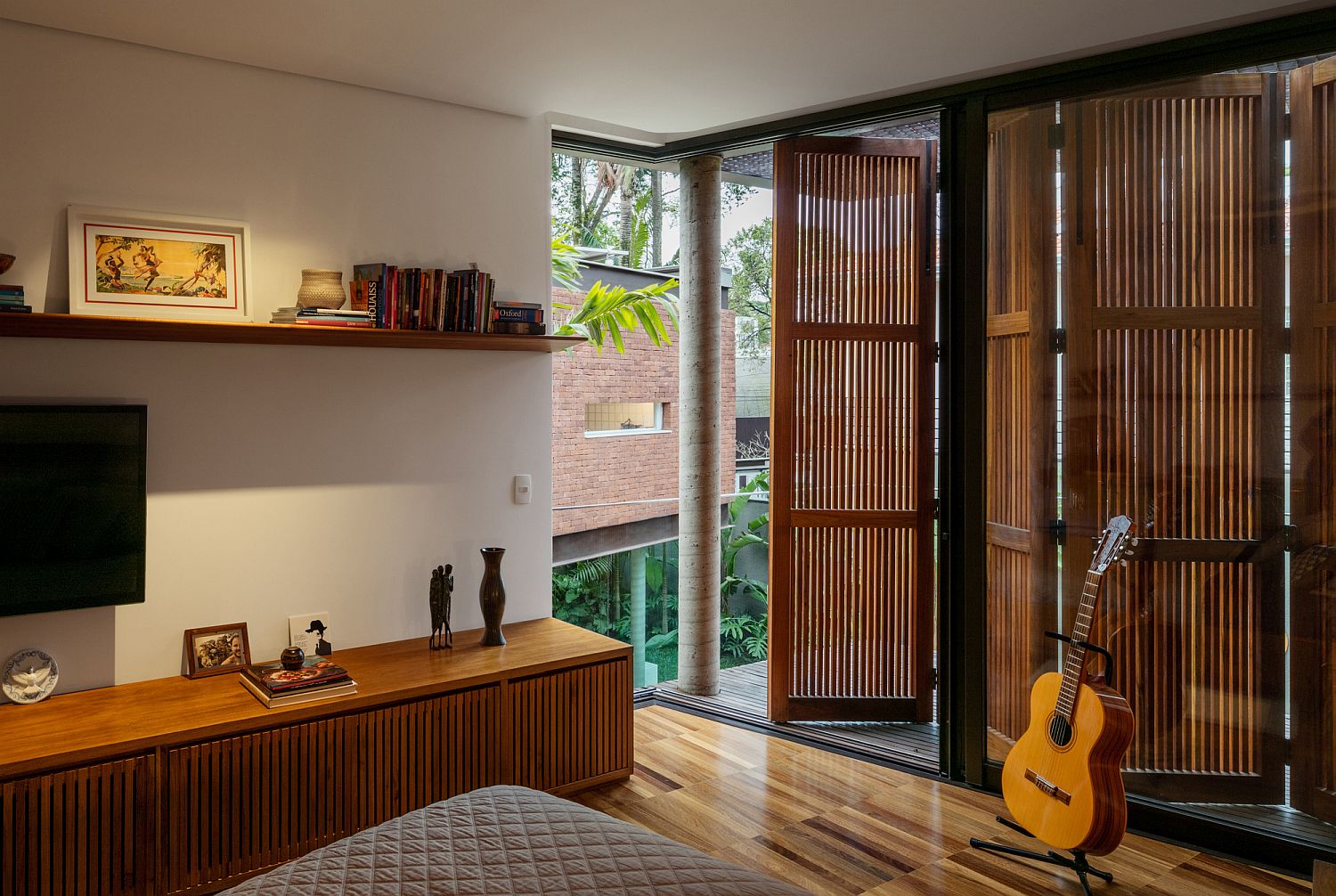 Wooden shutter-style doors for the upper level bedrooms