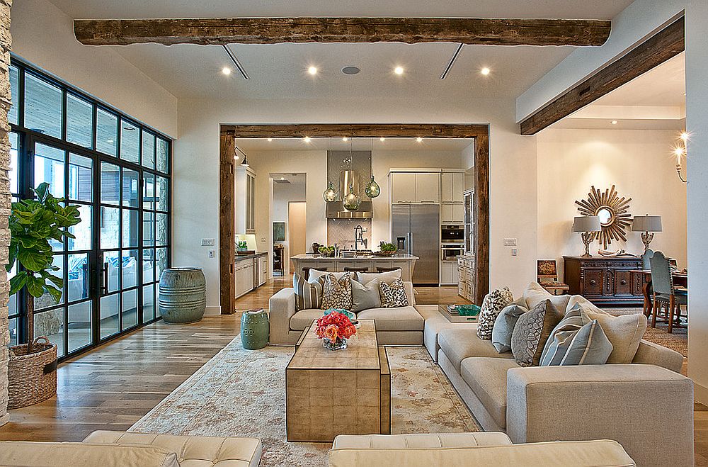 living room with beamed ceilings