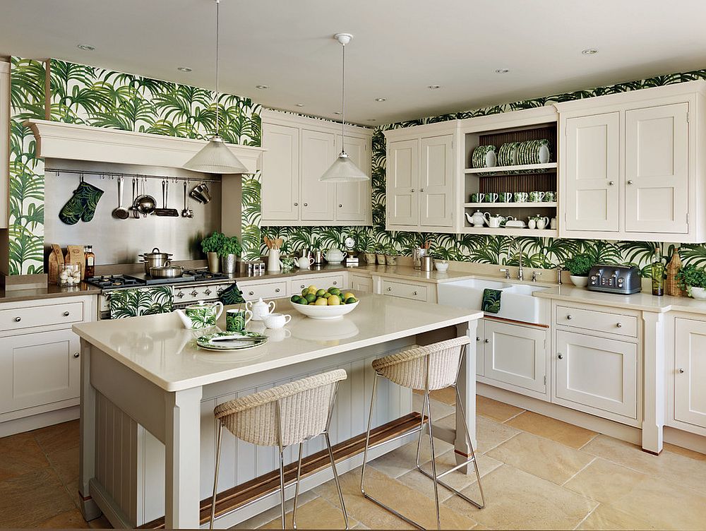 Fun use of green tropical style wallpaper in the white kitchen