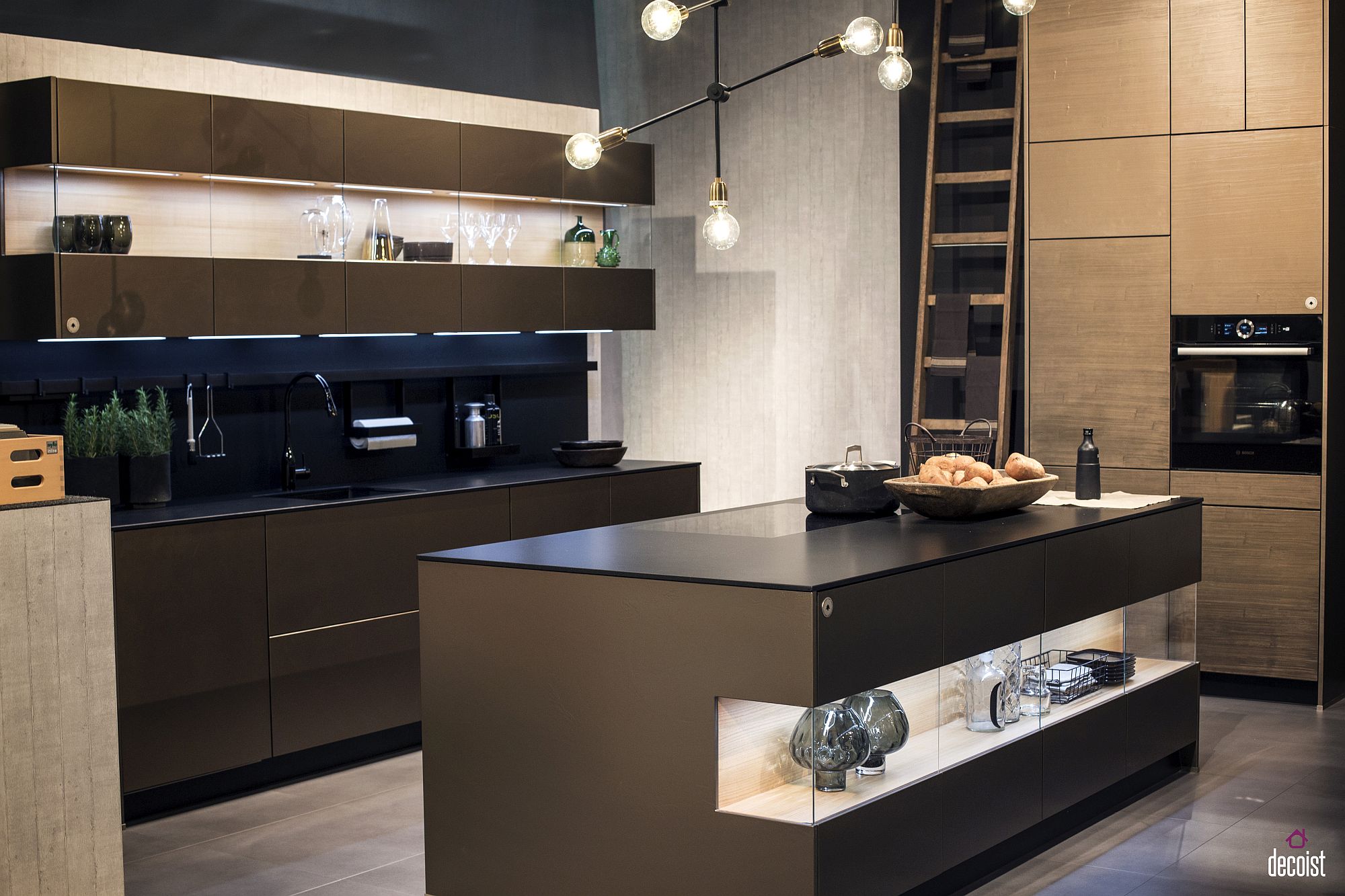 Illuminated open shelf in the island adds uniqueness to the kitchen in black