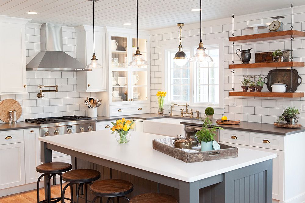 Innovative shelving and open style coupled with cool design and gorgeous bar stools in the modern-Scandinavian kitchen