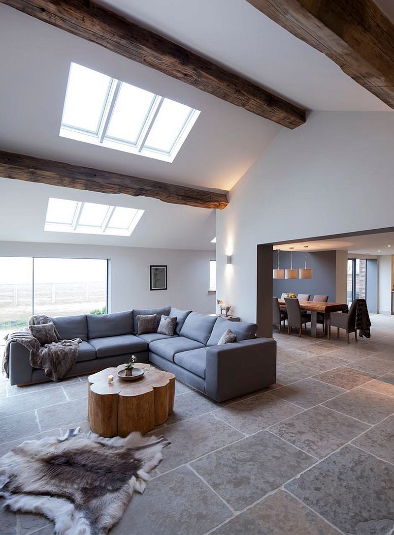 Skylights bring ample natural light into the living room with vaulted ceiling