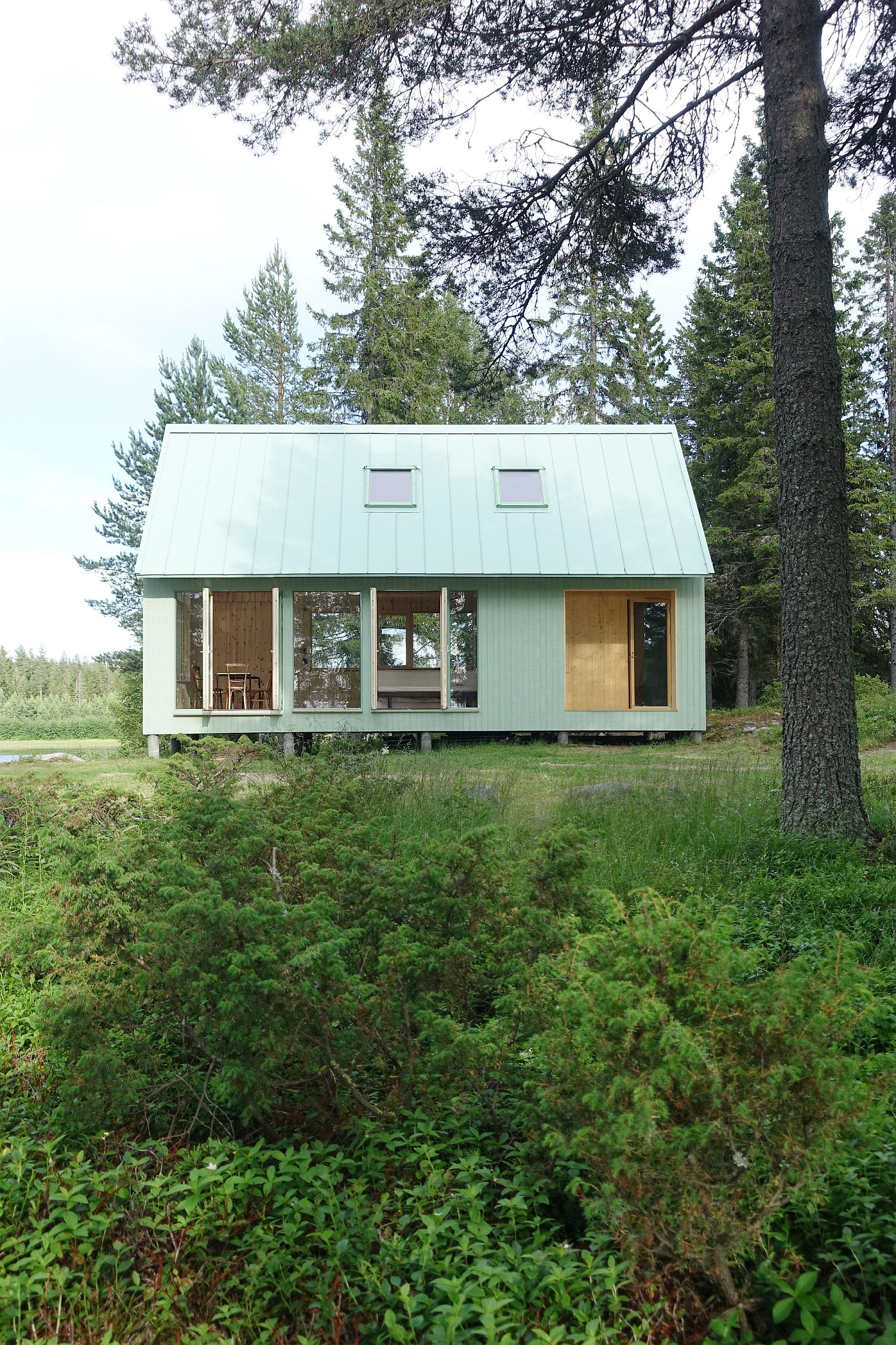 Tall trees and natural greenery surround the cabin on the island