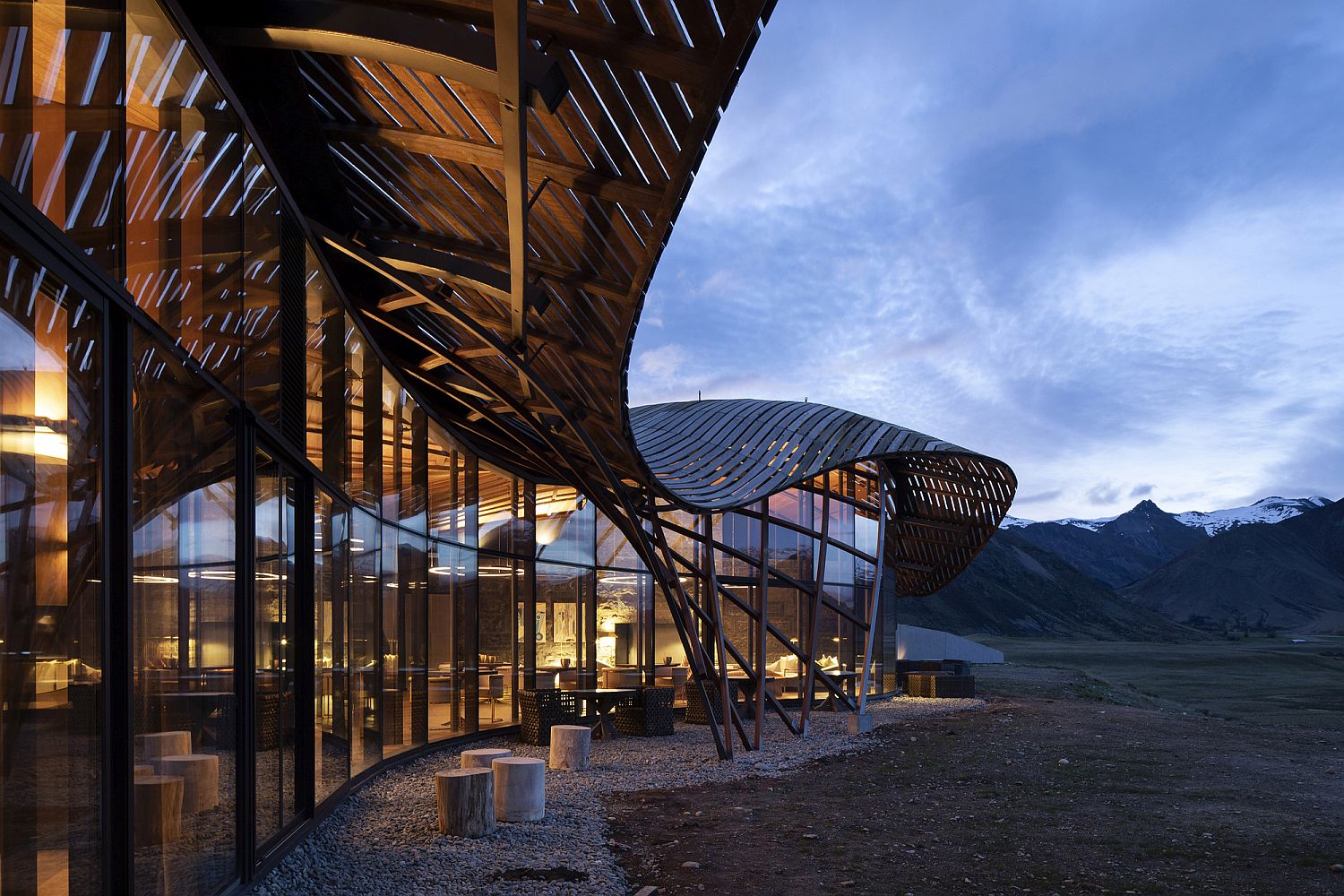 Wavy and unique roof form of the lodge inspired by glacial moraines