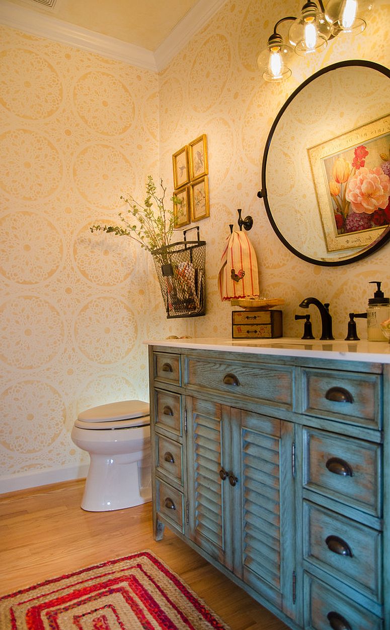 Awesome wallpaper in yellow for the small shabby chic powder room