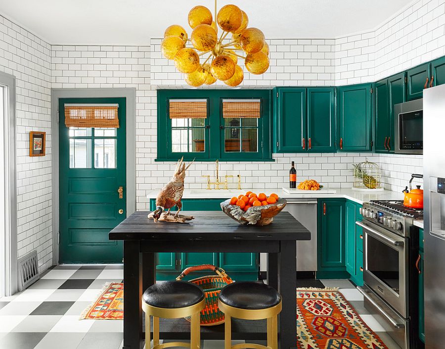 Beautiful Eclectic Kitchen Of Chicago Home In White With Dark Green Cabinets 