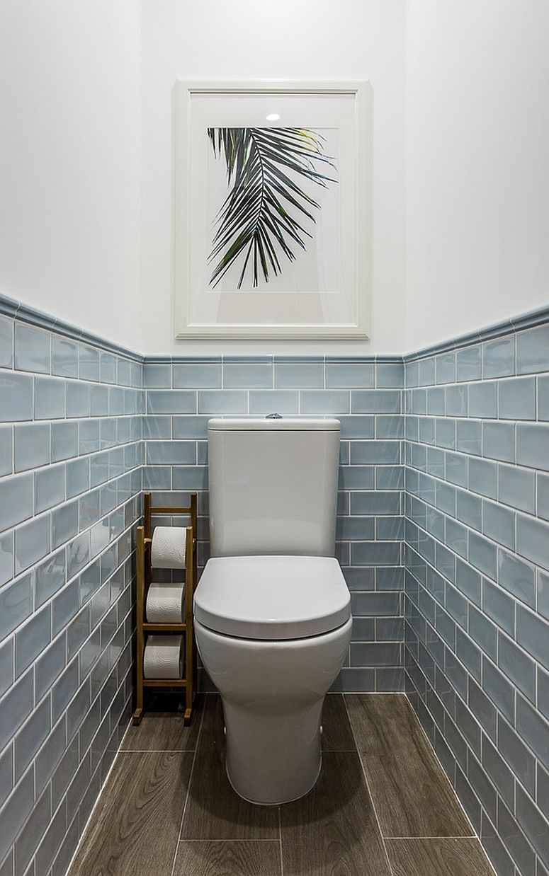 Bluish-gray tiles for the small coastal-themed powder room