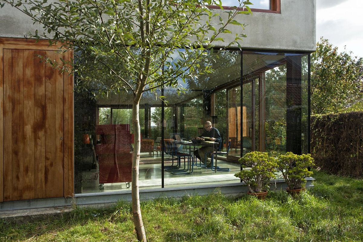 Concrete, steel and glass building of the house in Wijgmaal, Belgium