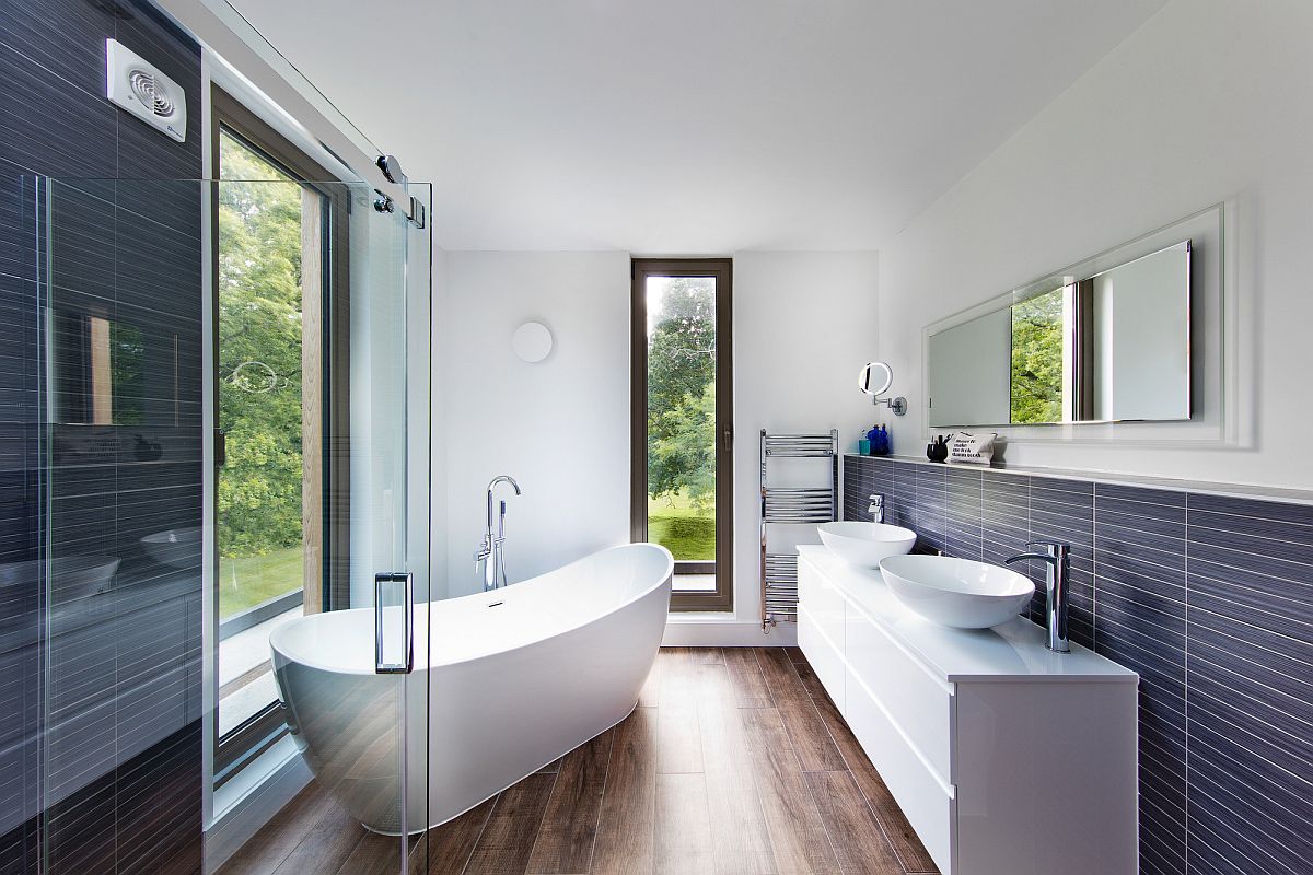 Contemporary bathroom of the house in wood, white and gray