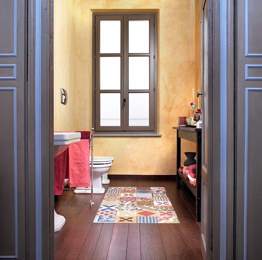 Cottage-chic-powder-room-with-textured-walls-in-yellow-and-pink-accents