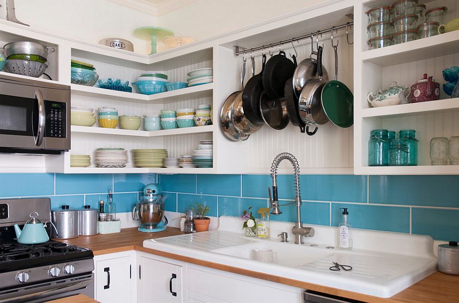 Custom cabinets and shelves for the revamped eclectic kitchen