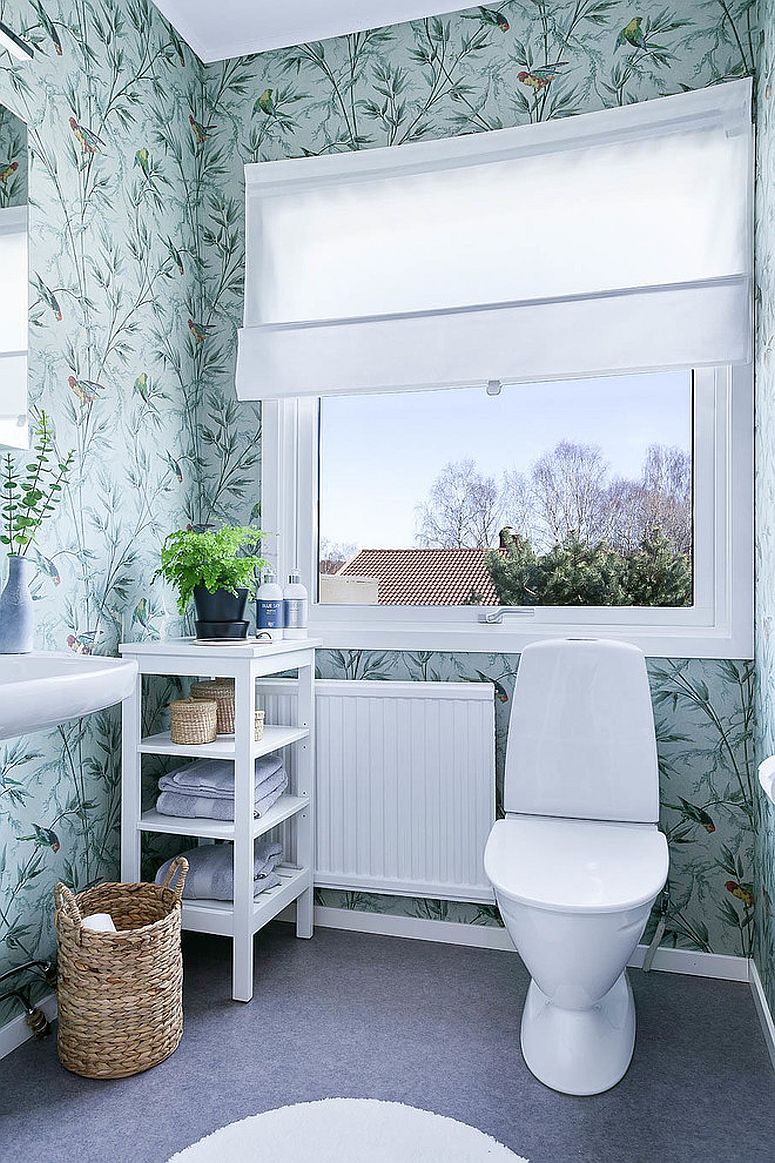 Delightful wallpaper for the light-filled Scandinavian style powder room