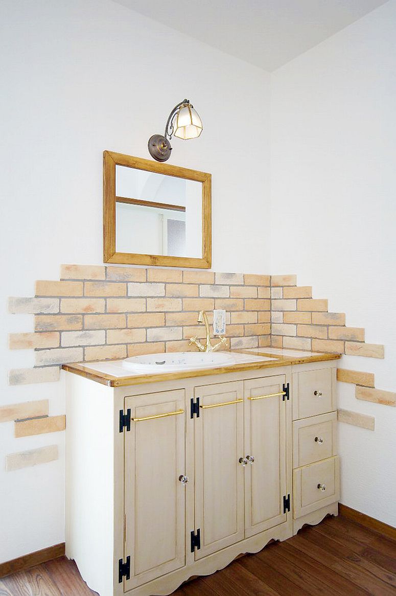 Faux brick wall feature for the small shabby chic powder room