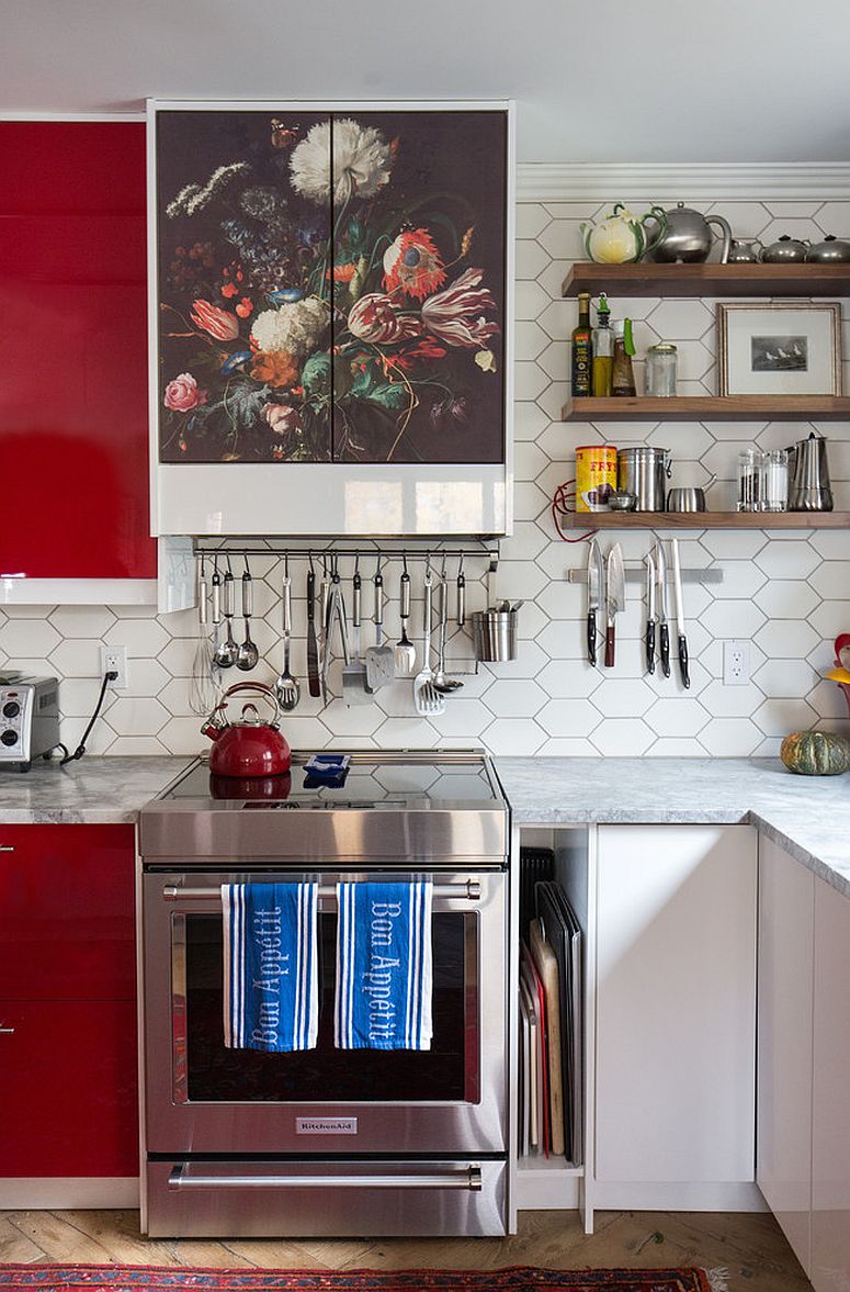 Finding space for the small floating shelves in the kitchen corner