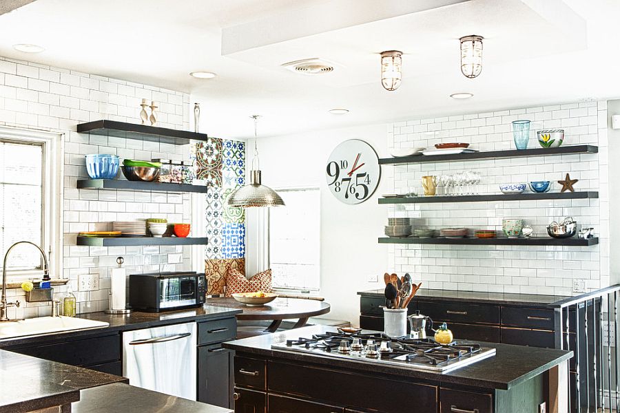 Floating shelves in black for the modern eclectic kitchen in white and black