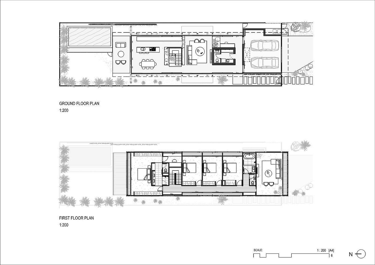 Floor plan of the house with public areas on lower level and bedrooms on upper level
