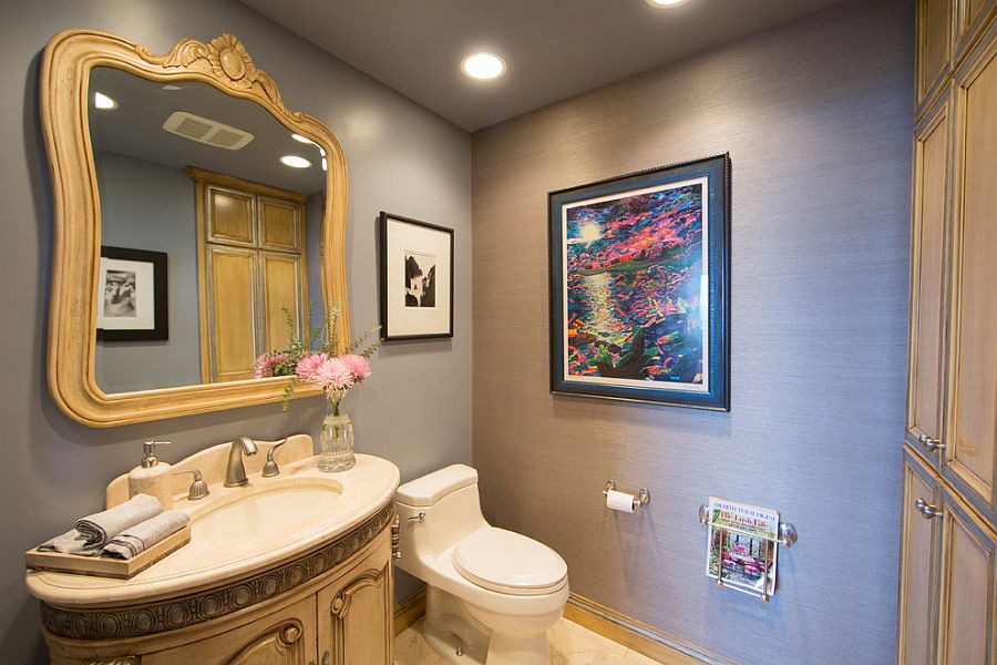 Gray walls in the powder room turn the shabby chic style into modern panache