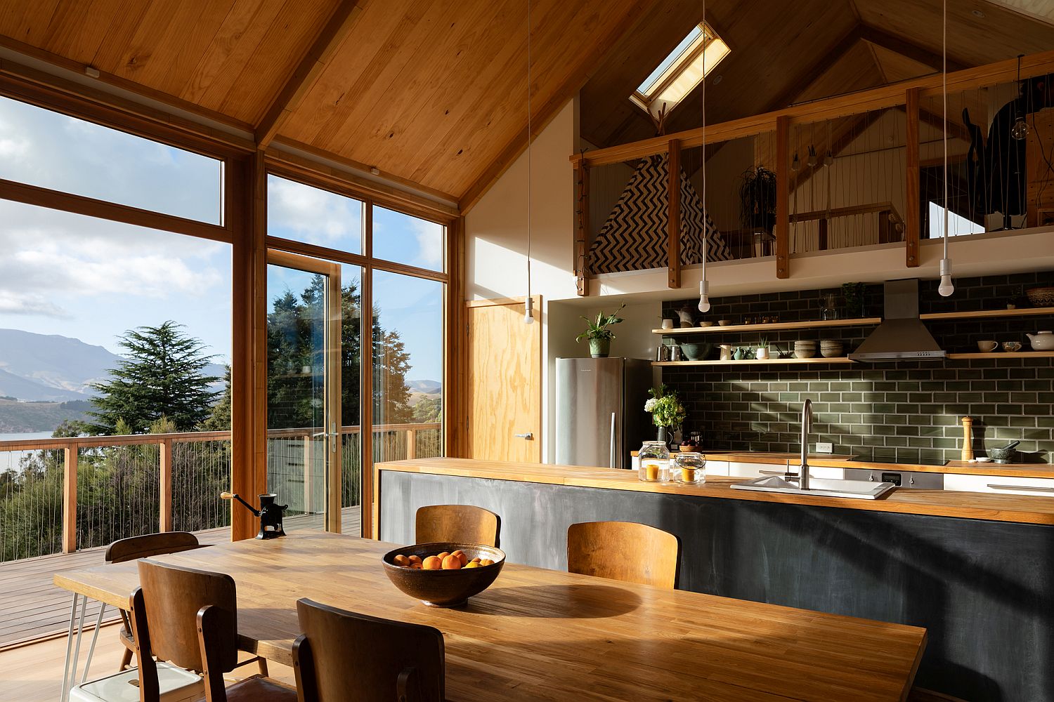 Kitchen and dining area of the New Zealand home with lovely mountain views